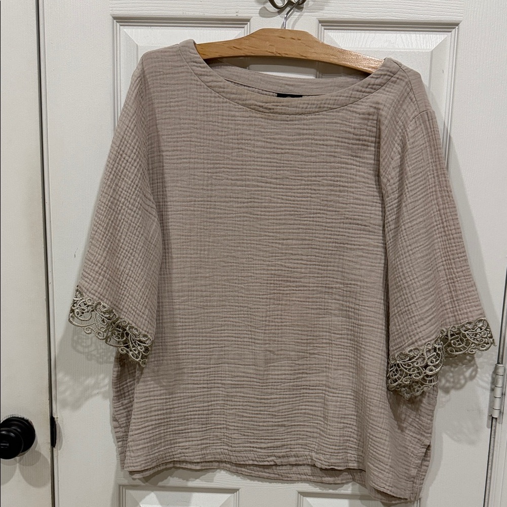 JM Collection Neutral Taupe Gauze Boatneck Top with Lace Trim Sleeves